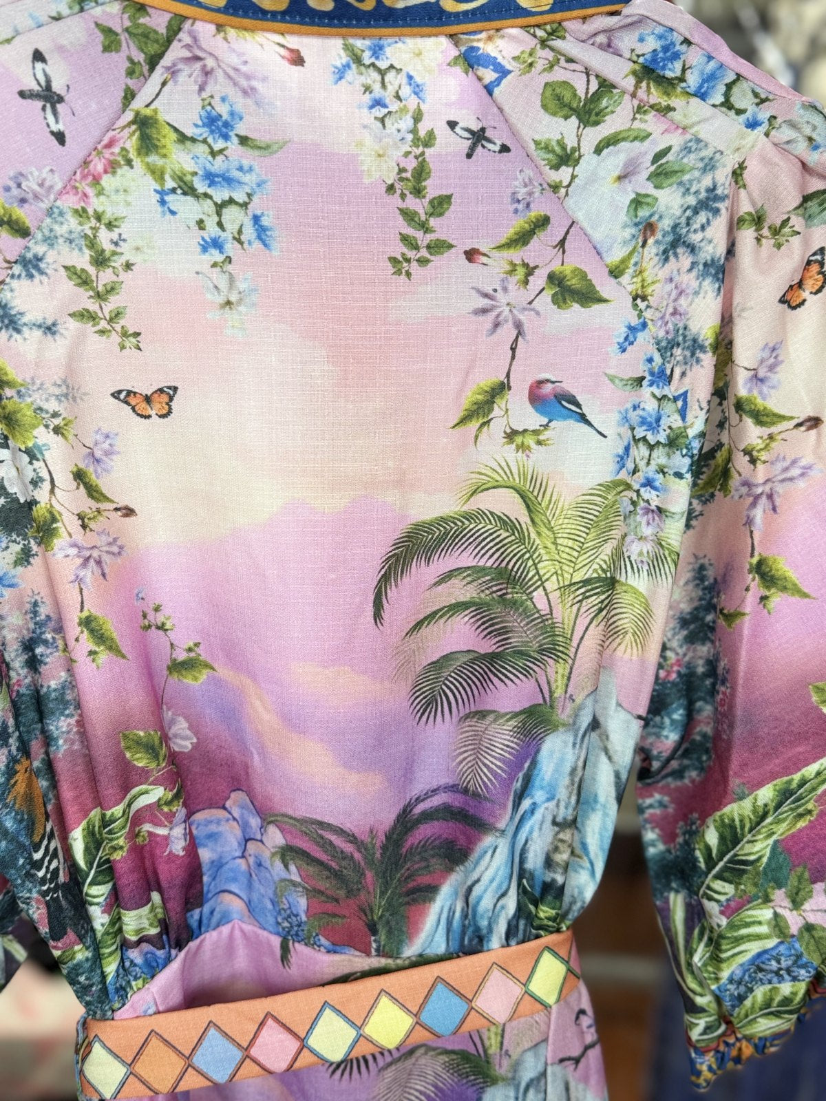 Half Heart Pink Tropical Scenic Shirt Dress Women's Belted 3/4 Sleeve Size M