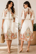 Boutique Paisley Shirt Dress Women's Medium Belted Midi Dress Cream Coral Boho