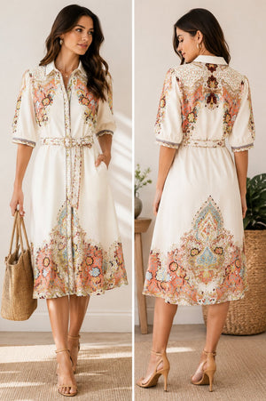 Boutique Paisley Shirt Dress Women's Medium Belted Midi Dress Cream Coral Boho