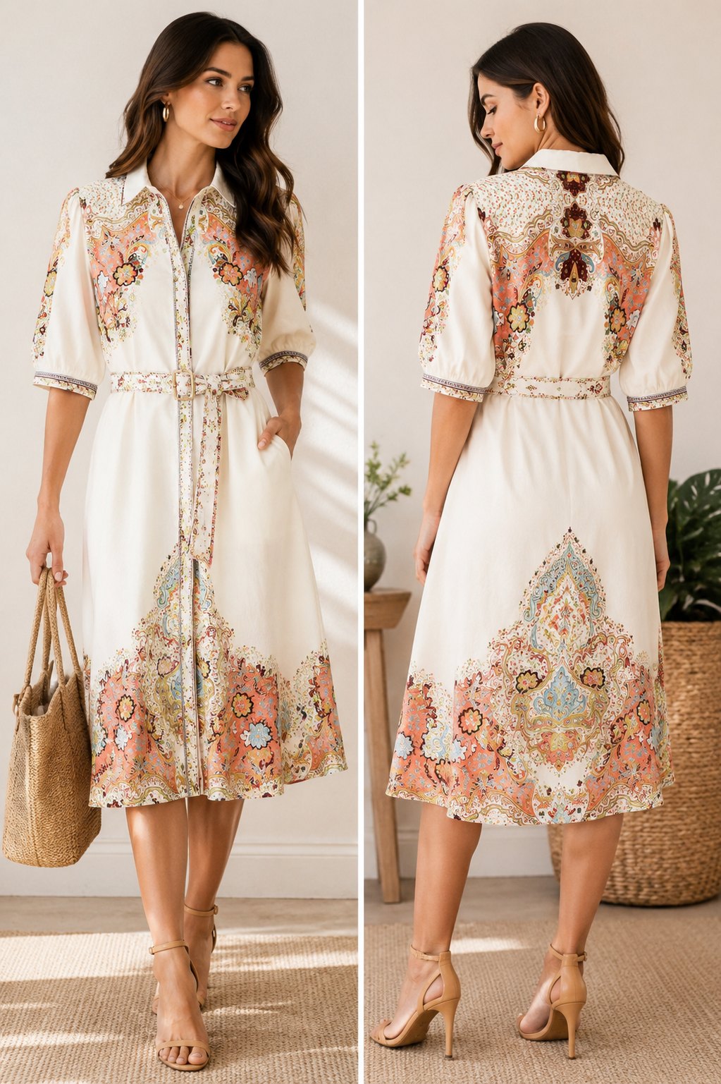 Boutique Paisley Shirt Dress Women's Medium Belted Midi Dress Cream Coral Boho