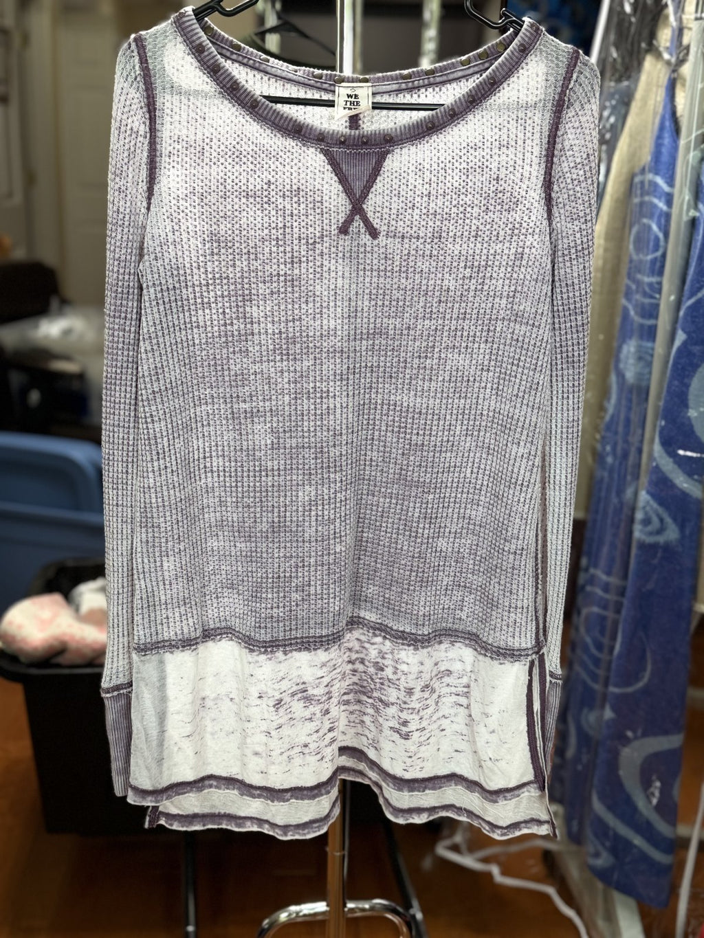 We The Free Free People Oversized Waffle Knit Thermal Top Purple Ivory Size XS Boho