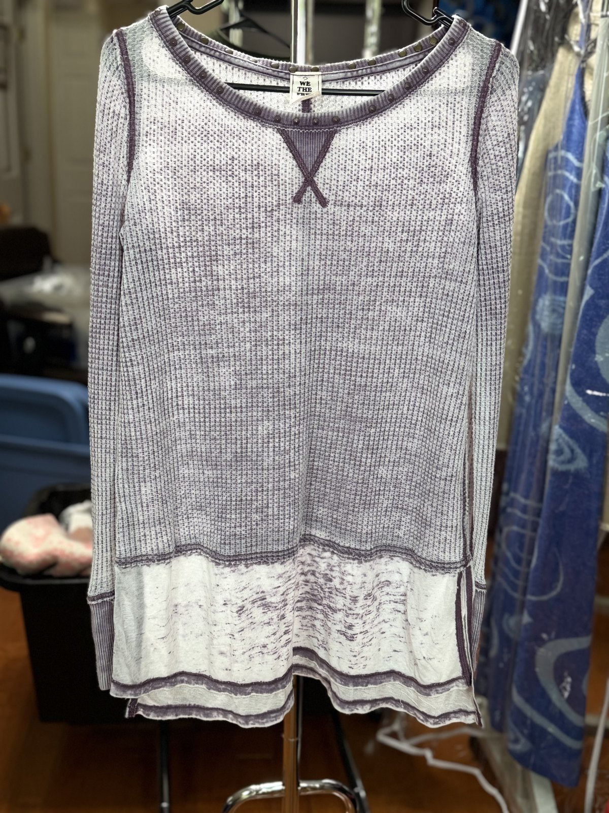 We The Free Free People Oversized Waffle Knit Thermal Top Purple Ivory Size XS Boho