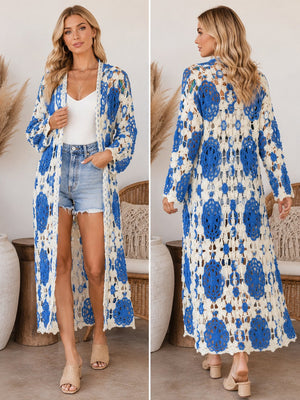 POL One Blue & Cream Floral Crochet Open Front Long Duster Cardigan One Size NWOT
