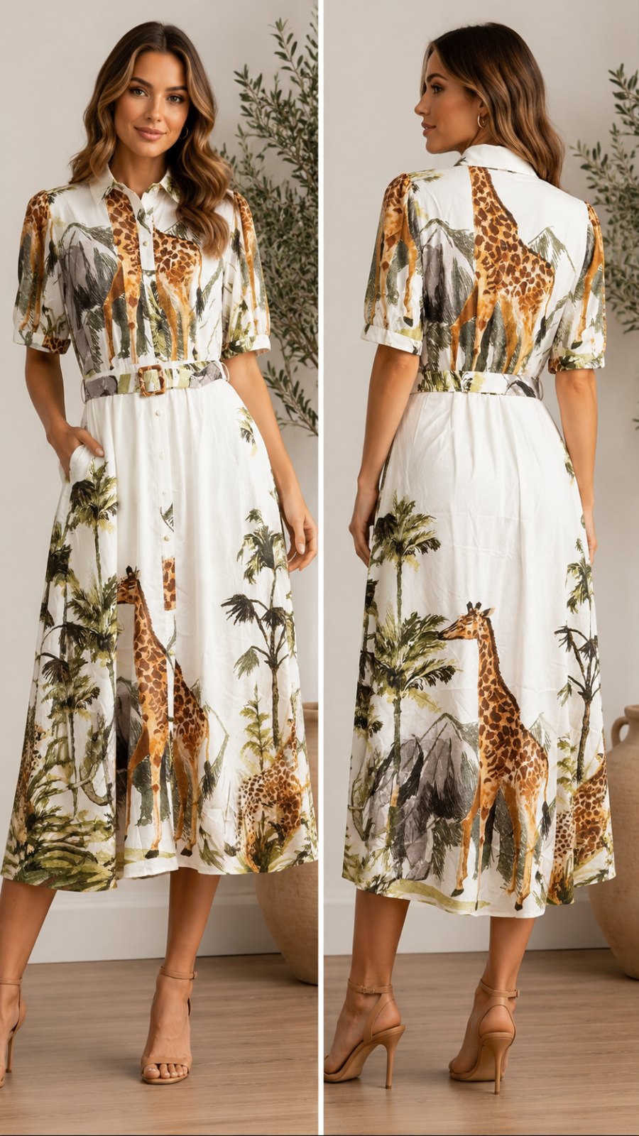 Fashion Space Safari Giraffe Print Belted Maxi Shirt Dress – NWT – Size L