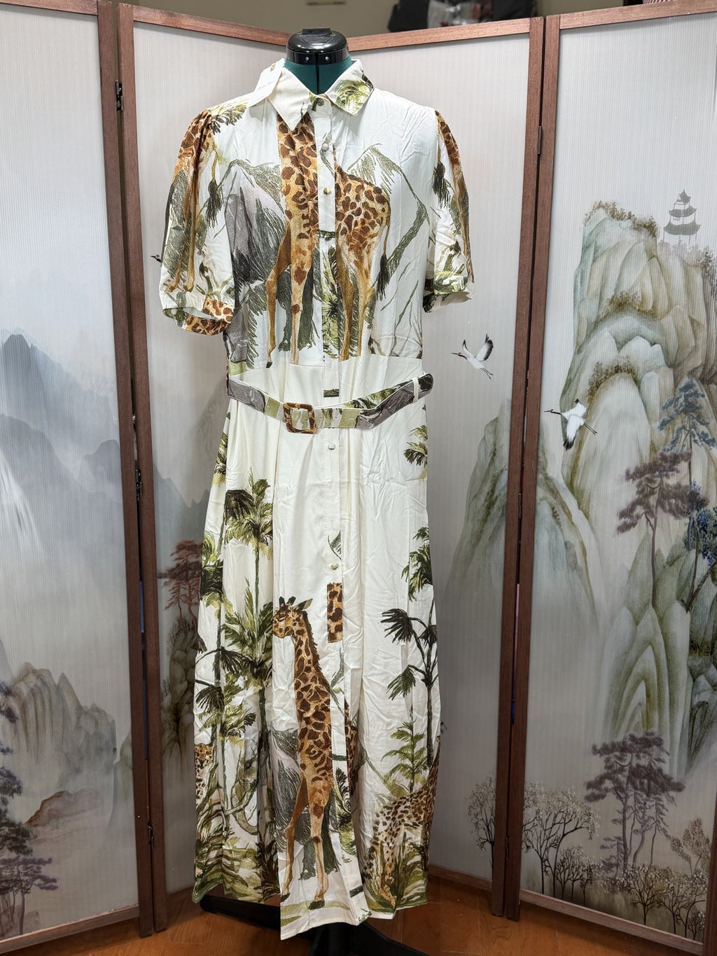 Fashion Space Safari Giraffe Print Belted Maxi Shirt Dress – NWT – Size L