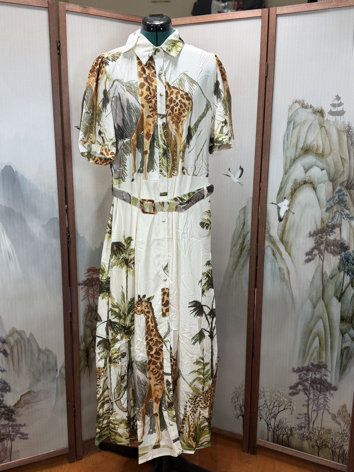Fashion Space Safari Giraffe Print Belted Maxi Shirt Dress – NWT – Size L