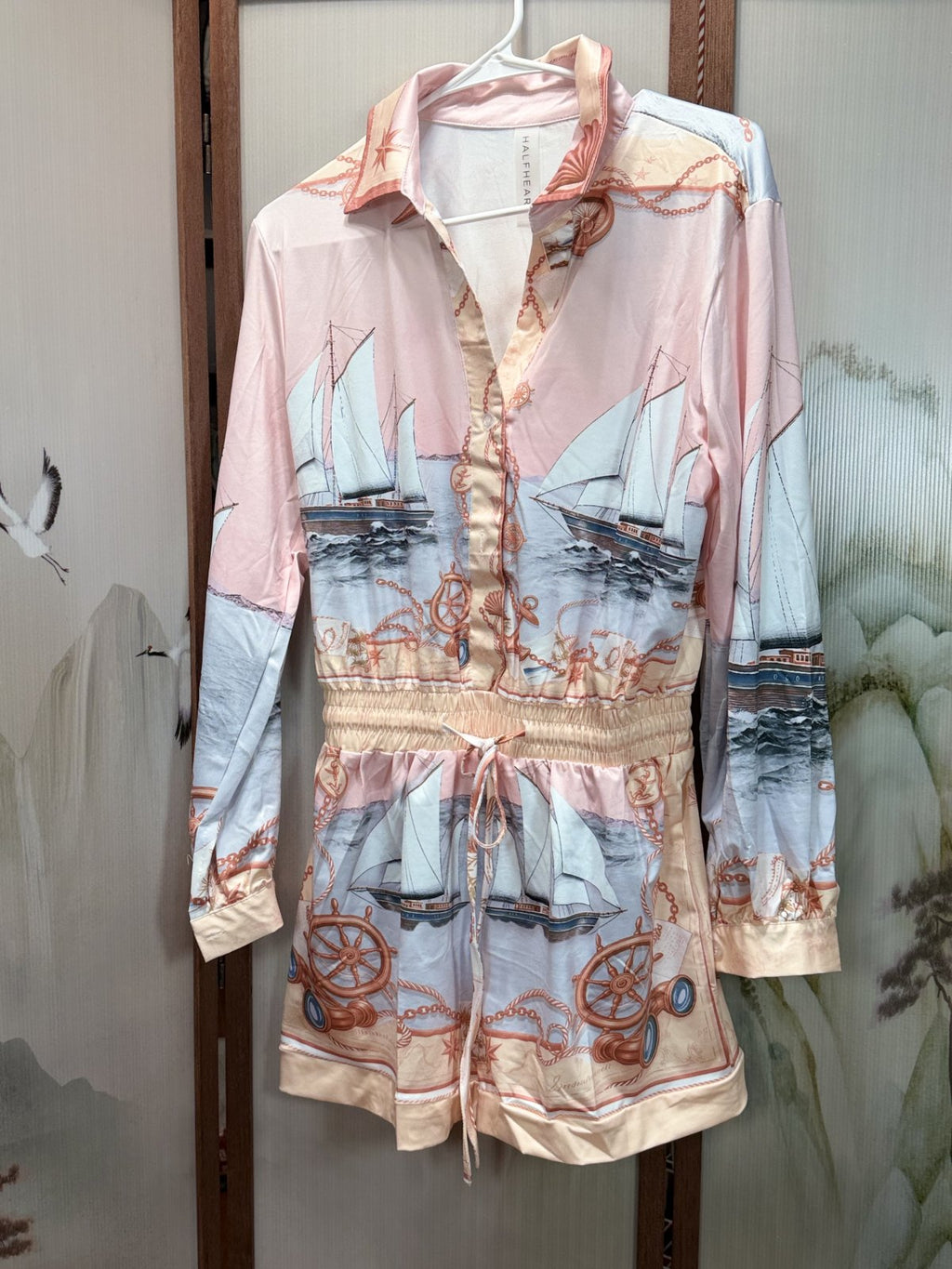HALFHEART Blush Nautical Print Satin Shirt Romper with Matching Scarf Size Medium