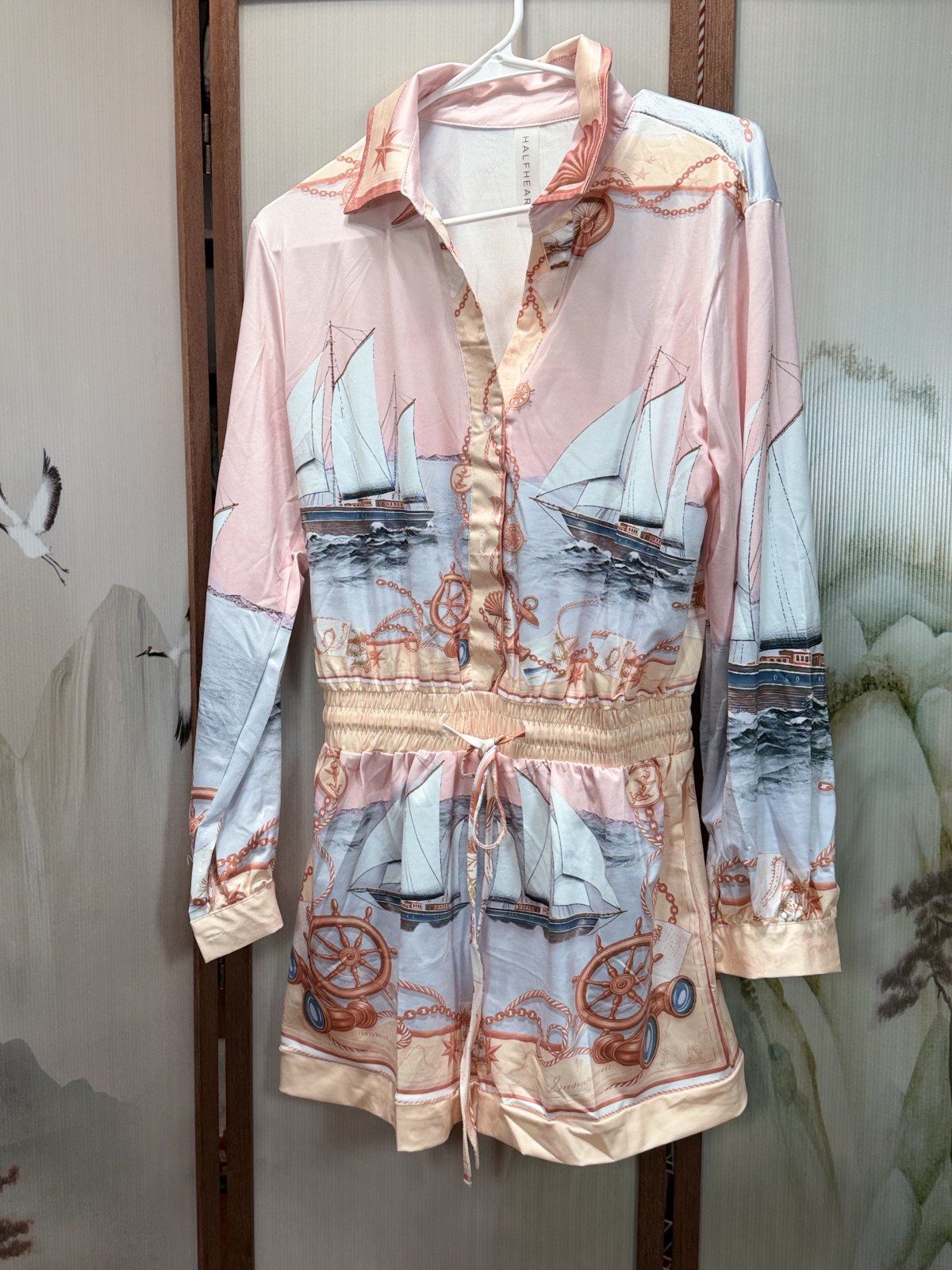 HALFHEART Blush Nautical Print Satin Shirt Romper with Matching Scarf Size Medium
