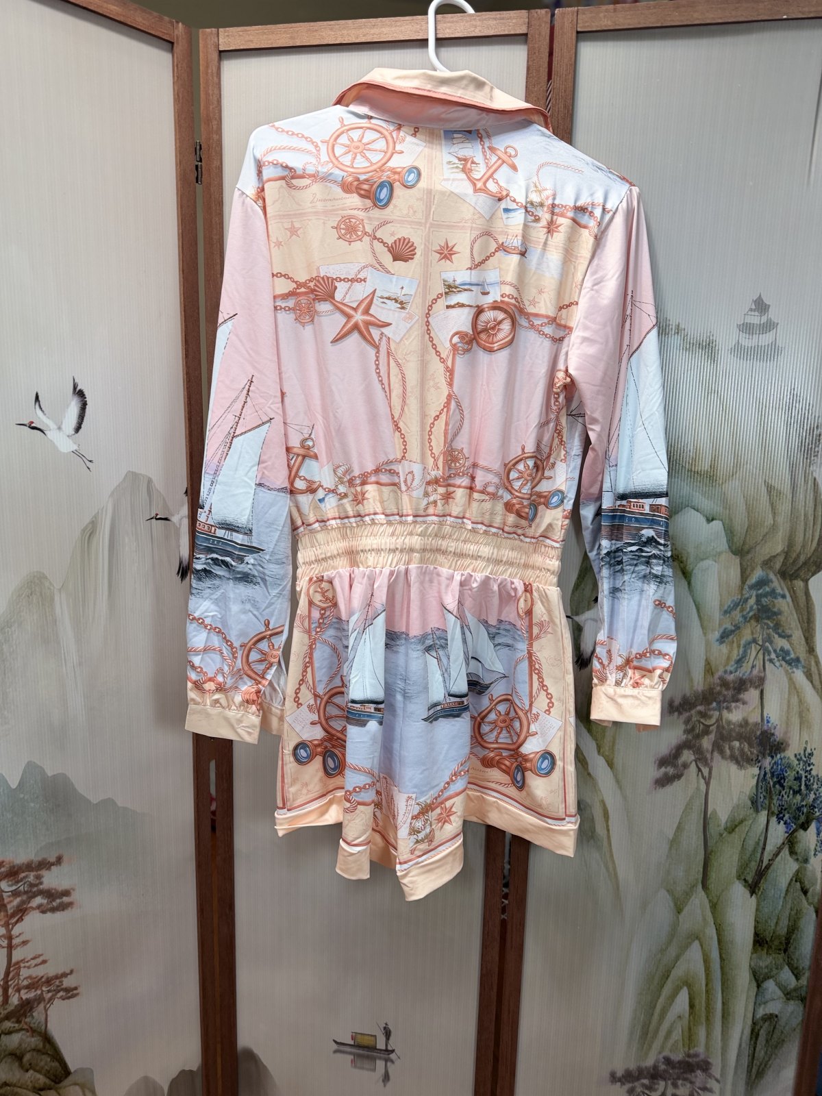 HALFHEART Blush Nautical Print Satin Shirt Romper with Matching Scarf Size Medium