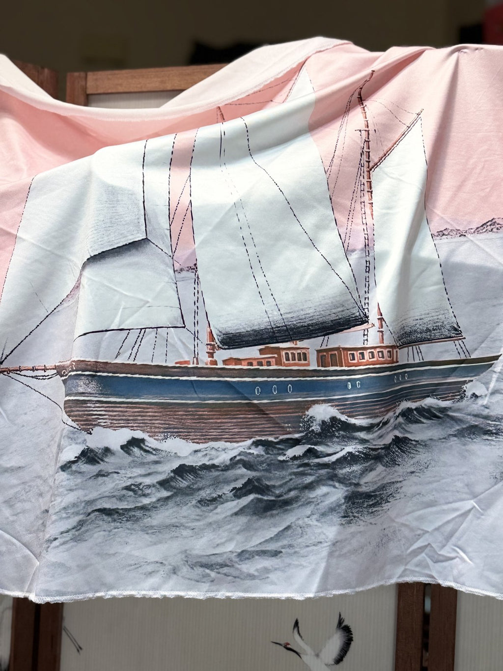 HALFHEART Blush Nautical Print Satin Shirt Romper with Matching Scarf Size Medium