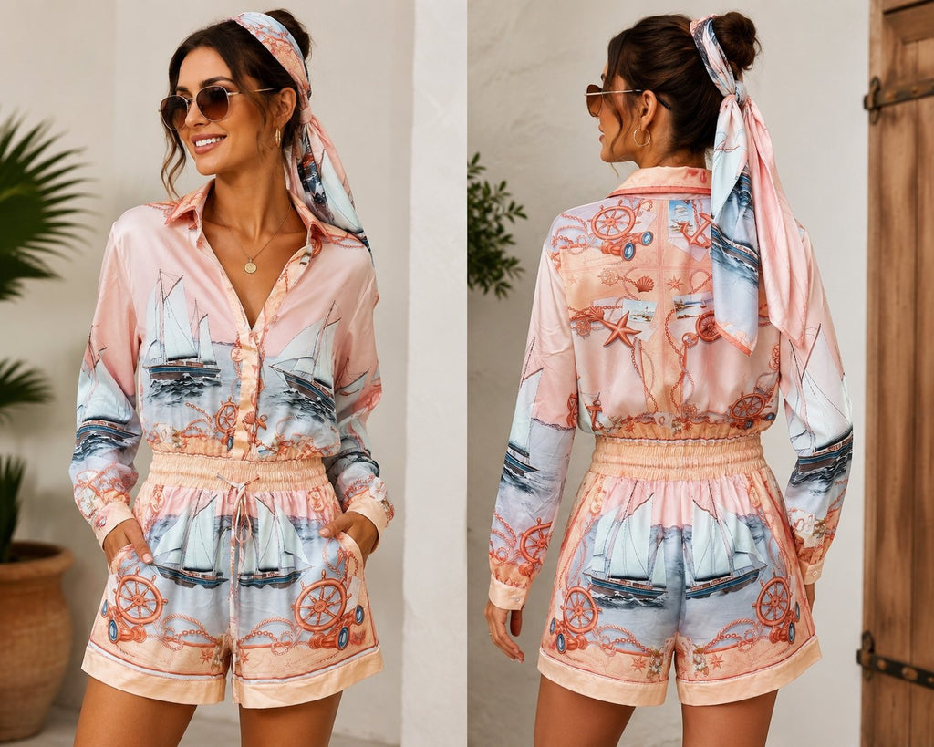 HALFHEART Blush Nautical Print Satin Shirt Romper with Matching Scarf Size Medium