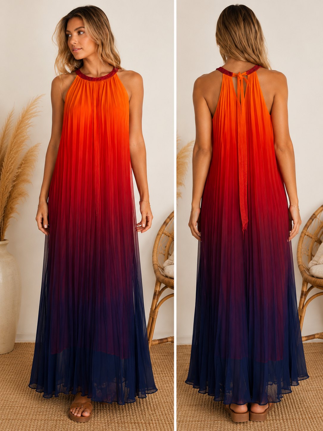 Chicwish Sunset Ombre Pleated Halter Maxi Dress – M/L – NWT