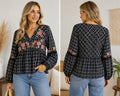 Savanna Jane Embroidered Plaid Peplum Blouse Black Floral Boho Cotton Size Small