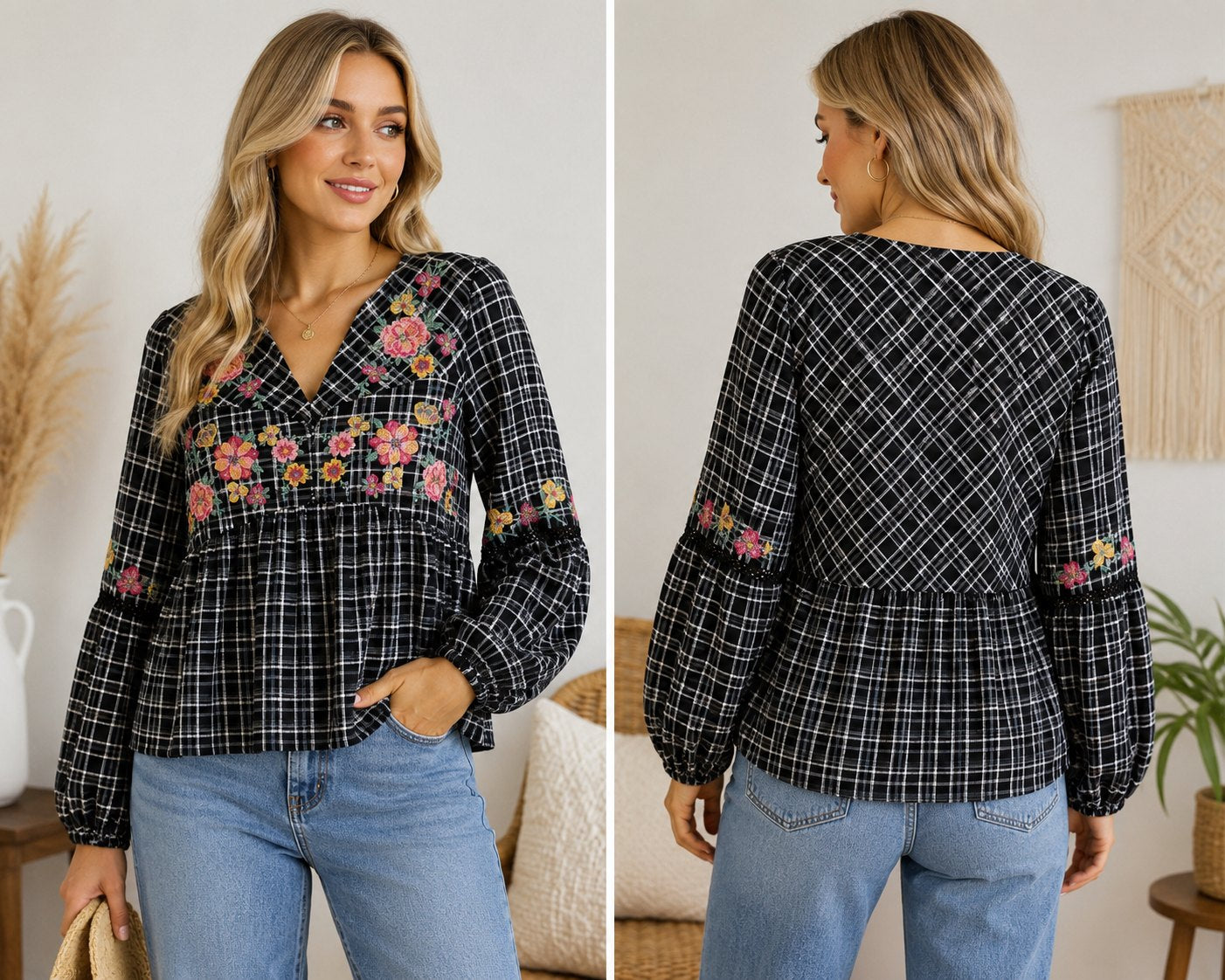 Savanna Jane Embroidered Plaid Peplum Blouse Black Floral Boho Cotton Size Small
