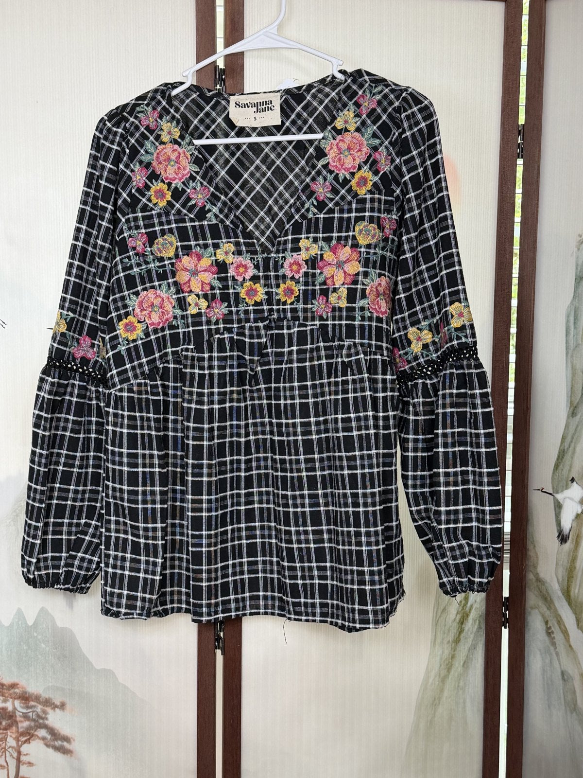 Savanna Jane Embroidered Plaid Peplum Blouse Black Floral Boho Cotton Size Small