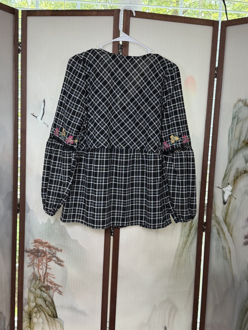Savanna Jane Embroidered Plaid Peplum Blouse Black Floral Boho Cotton Size Small