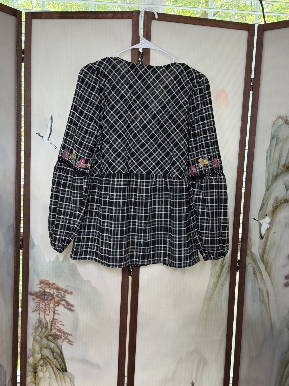 Savanna Jane Embroidered Plaid Peplum Blouse Black Floral Boho Cotton Size Small