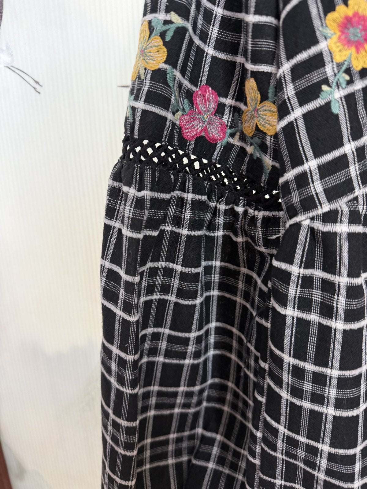 Savanna Jane Embroidered Plaid Peplum Blouse Black Floral Boho Cotton Size Small