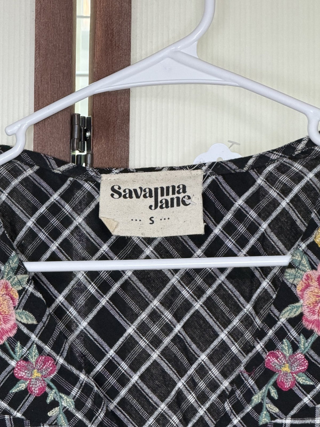 Savanna Jane Embroidered Plaid Peplum Blouse Black Floral Boho Cotton Size Small
