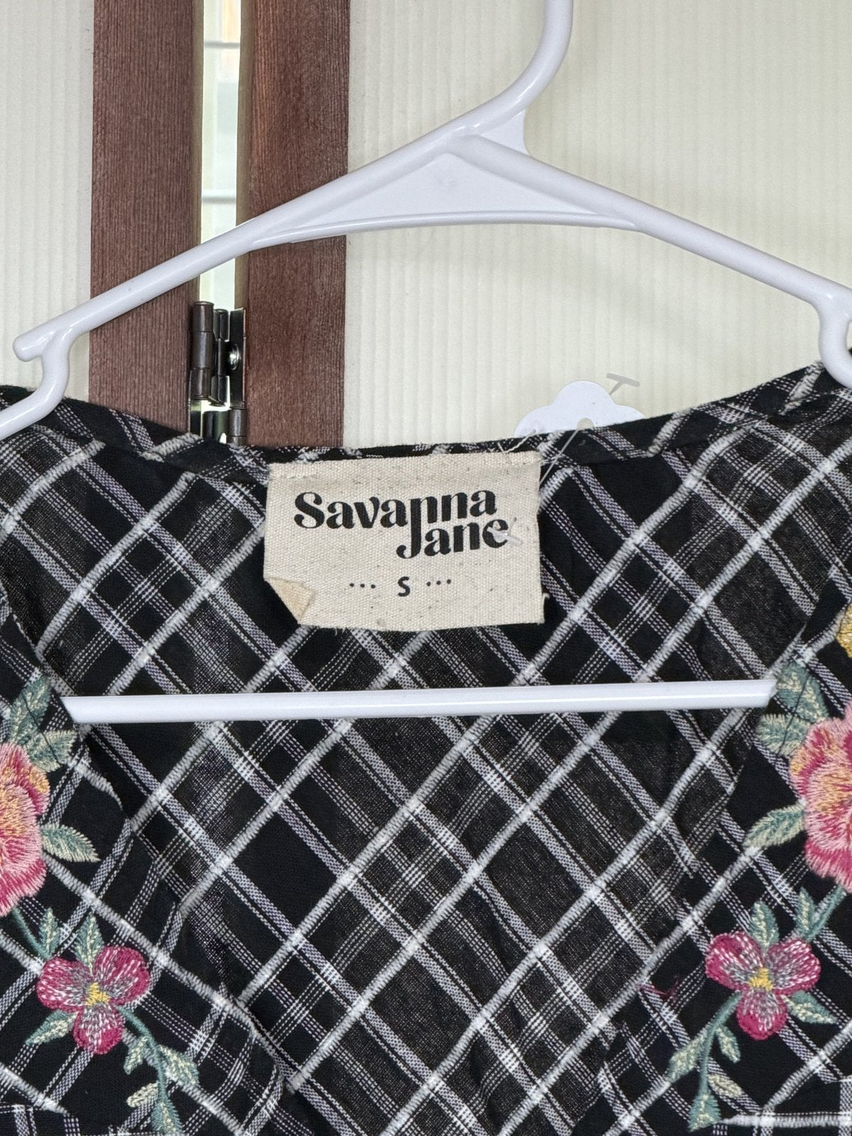 Savanna Jane Embroidered Plaid Peplum Blouse Black Floral Boho Cotton Size Small