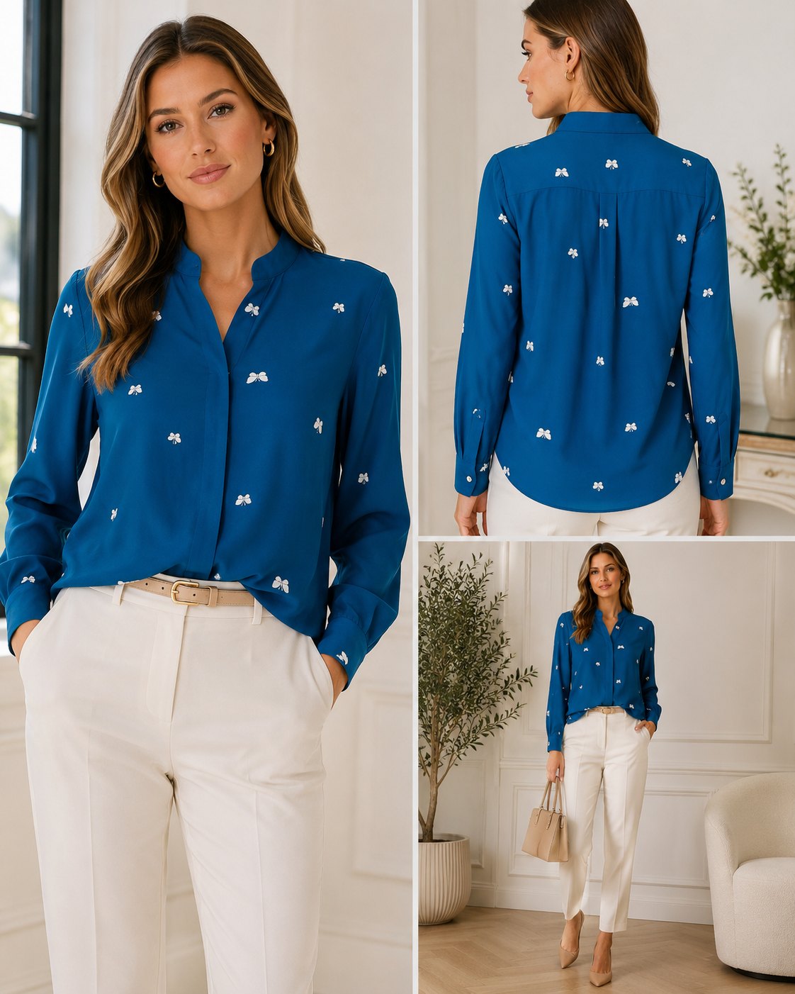 Galeries Lafayette Blue Butterfly Print Hidden Button Blouse Women's Size 42 100% Viscose