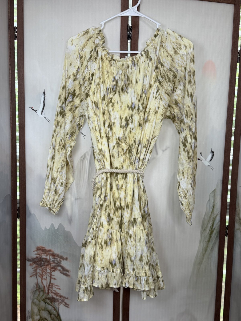 Sam Edelman Cotton Gauze Printed Mini Dress Rope Belt Ruffle Hem Size Small