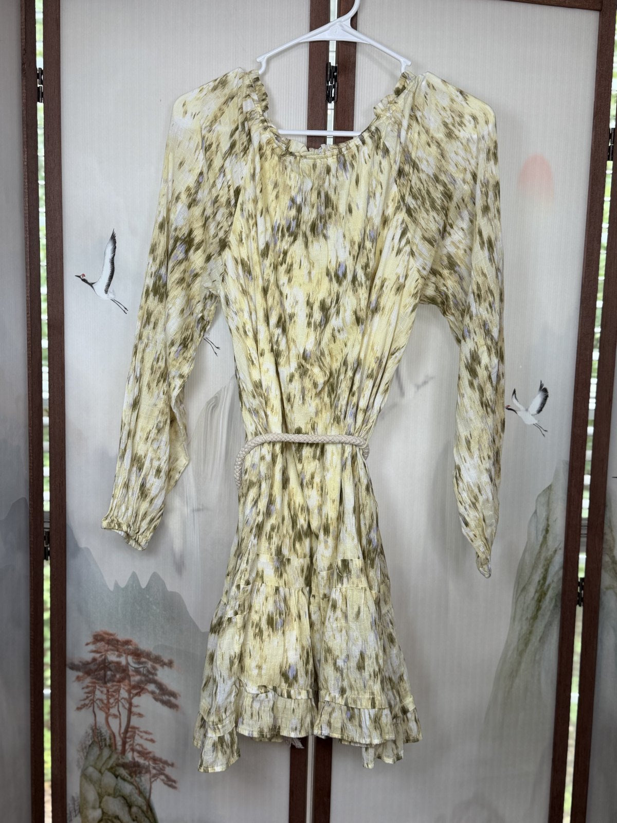 Sam Edelman Cotton Gauze Printed Mini Dress Rope Belt Ruffle Hem Size Small