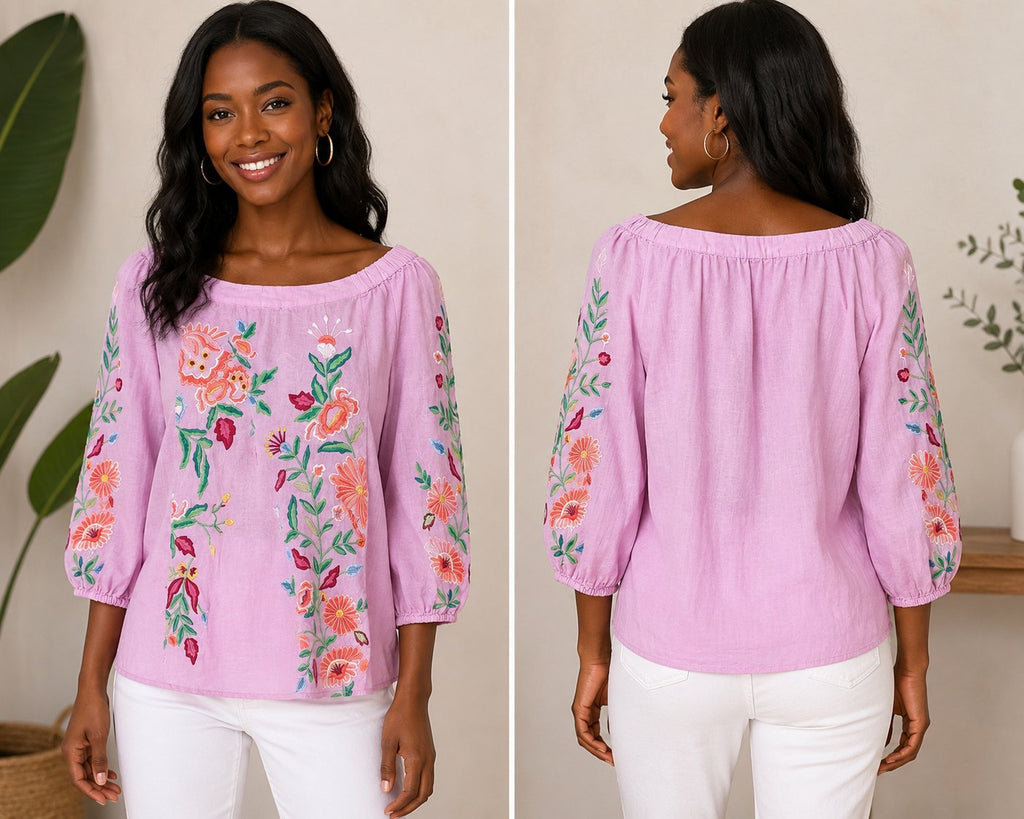 Sundance Pink Embroidered Floral Linen Blend Peasant Blouse Off Shoulder Size Medium