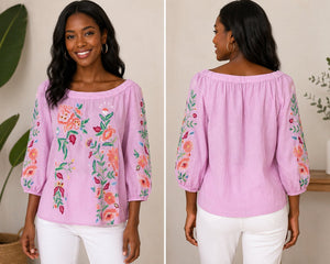 Sundance Pink Embroidered Floral Linen Blend Peasant Blouse Off Shoulder Size Medium