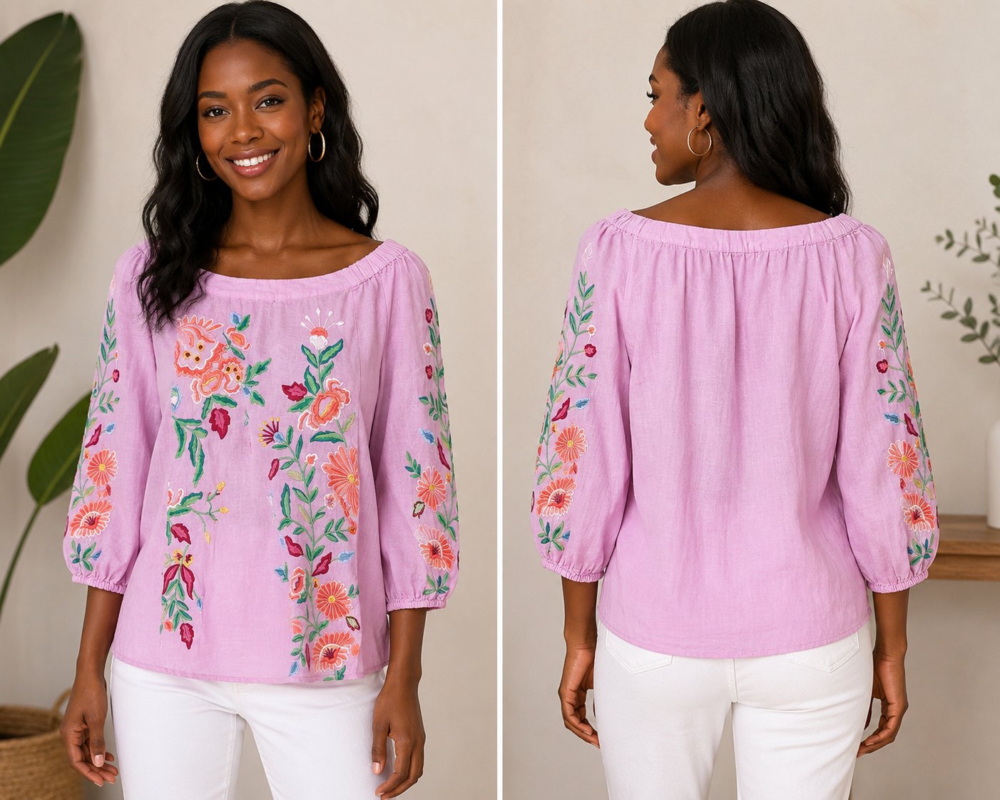Sundance Pink Embroidered Floral Linen Blend Peasant Blouse Off Shoulder Size Medium