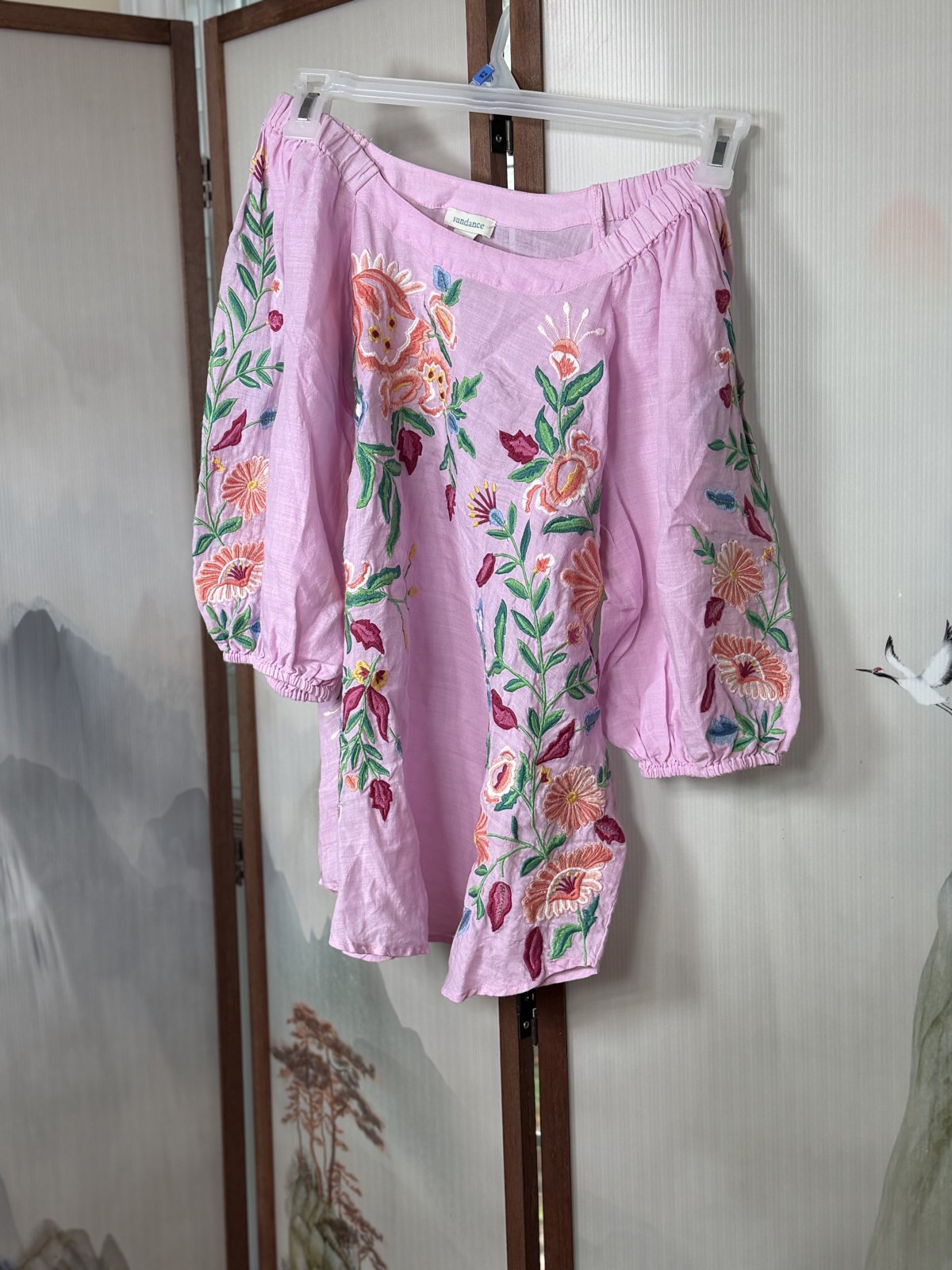 Sundance Pink Embroidered Floral Linen Blend Peasant Blouse Off Shoulder Size Medium