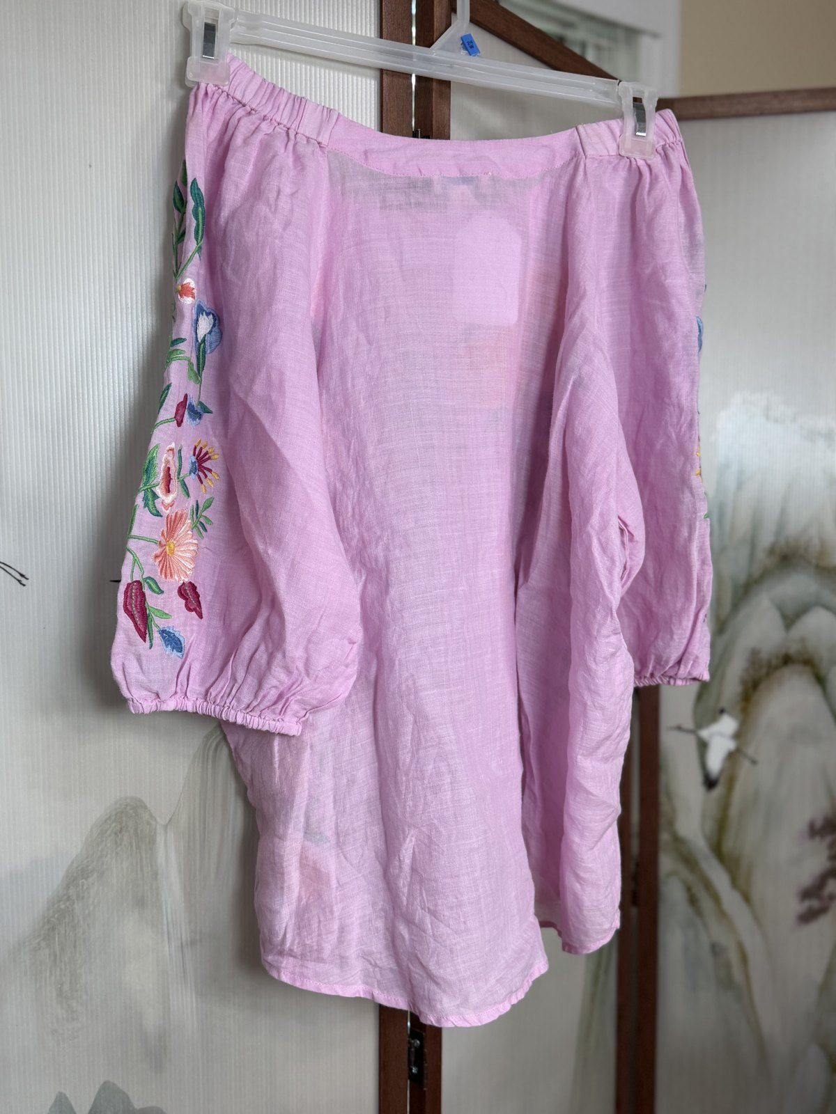 Sundance Pink Embroidered Floral Linen Blend Peasant Blouse Off Shoulder Size Medium