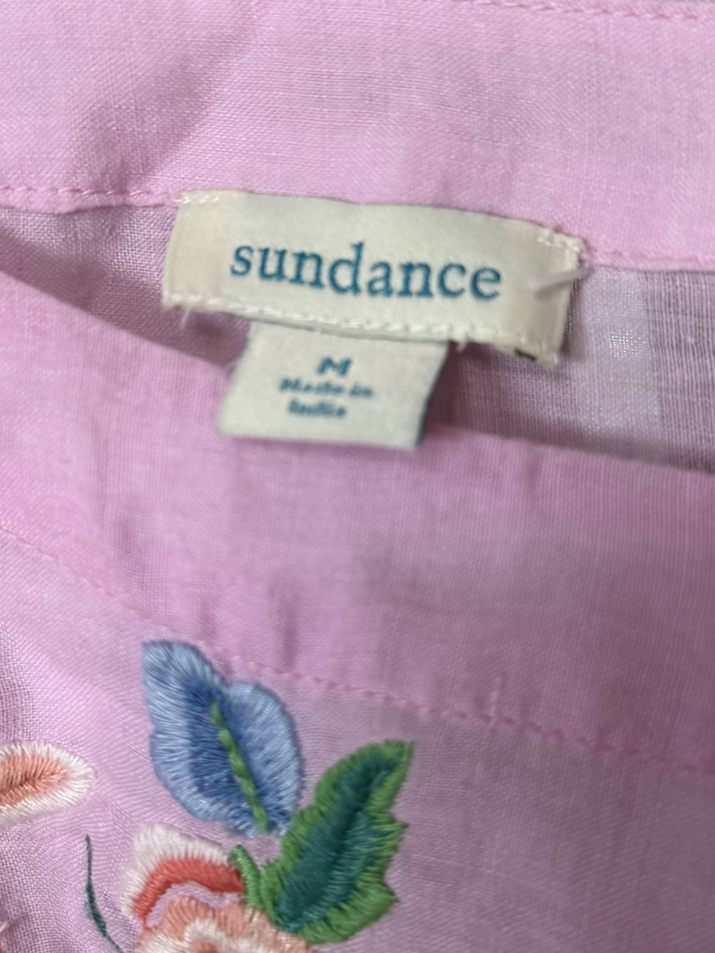 Sundance Pink Embroidered Floral Linen Blend Peasant Blouse Off Shoulder Size Medium