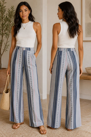 Current Air Striped Wide Leg Pants Gray Blue 100% Cotton High Rise Size Medium