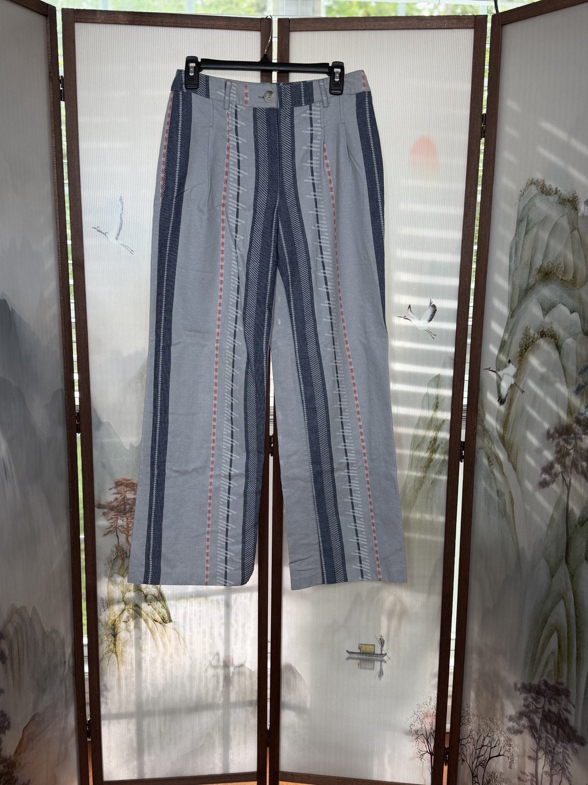 Current Air Striped Wide Leg Pants Gray Blue 100% Cotton High Rise Size Medium