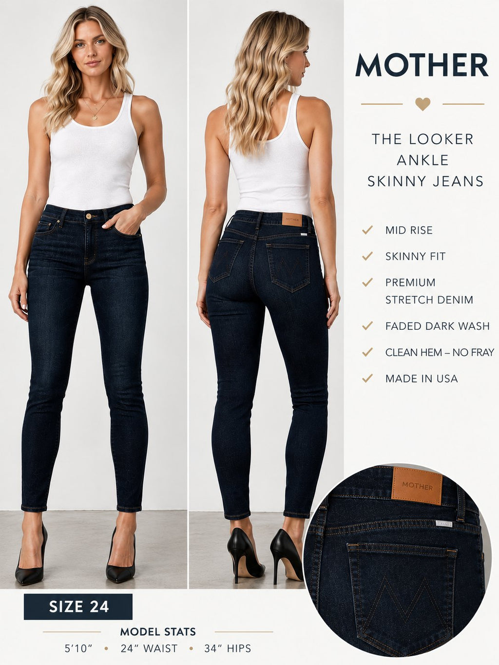 MOTHER The Looker Ankle Skinny Jeans – Women's Size 24 – Dark Wash