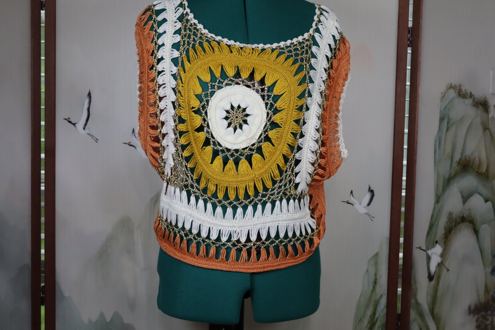 Boho Hand-Crocheted Open Knit Sweater with Gold Metallic Accents
