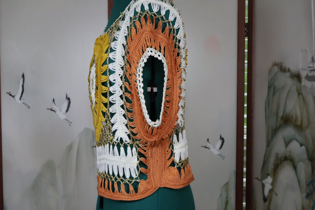 Boho Hand-Crocheted Open Knit Sweater with Gold Metallic Accents