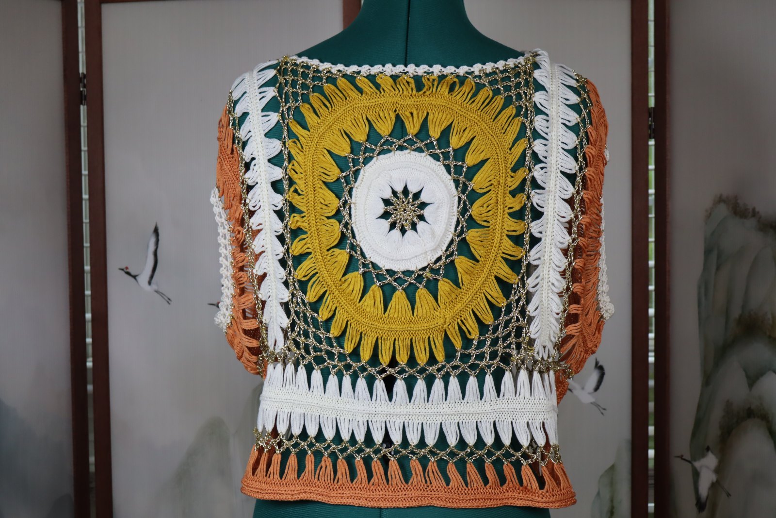 Boho Hand-Crocheted Open Knit Sweater with Gold Metallic Accents