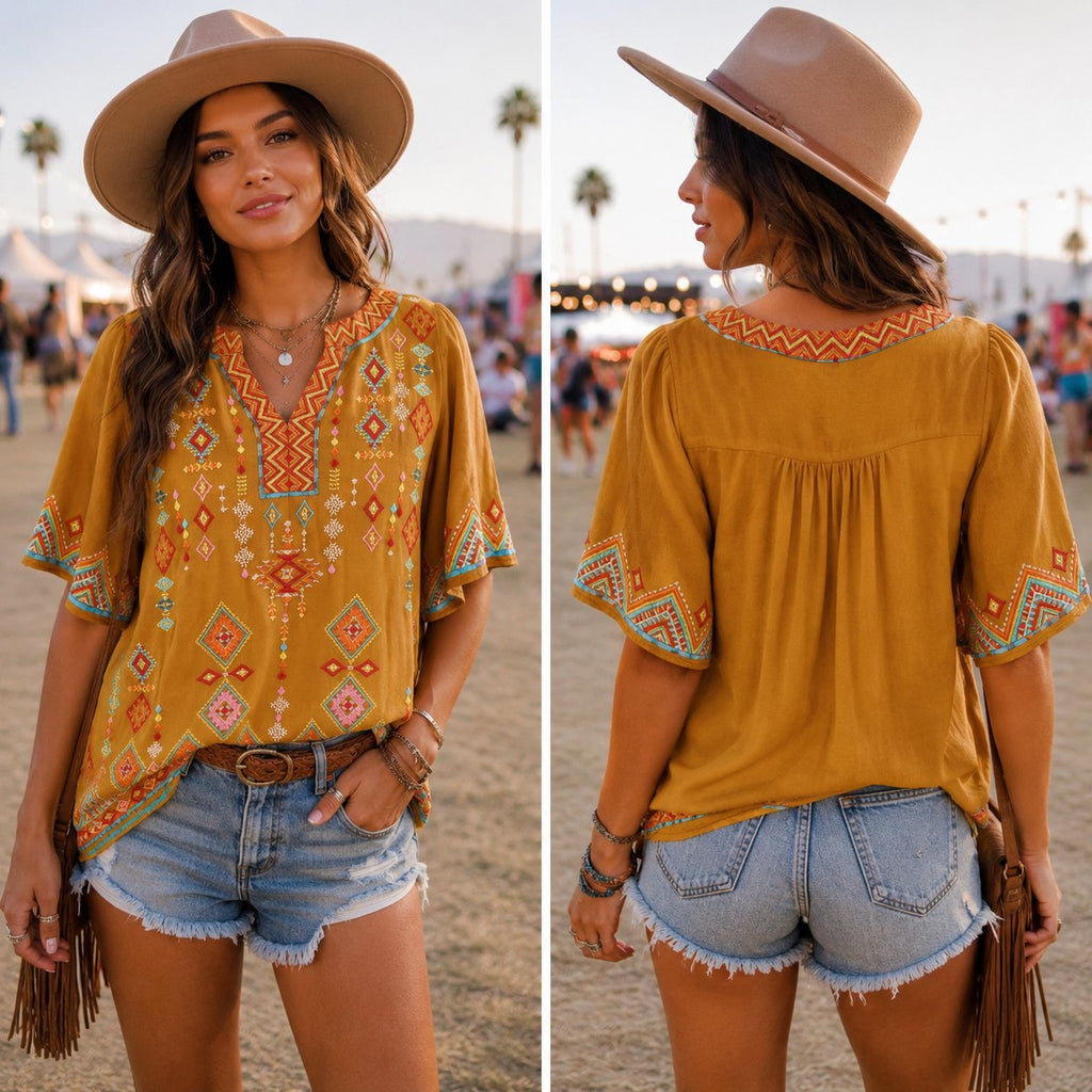 Savannah Jane Mustard Embroidered Boho Tunic Top Small 100% Rayon