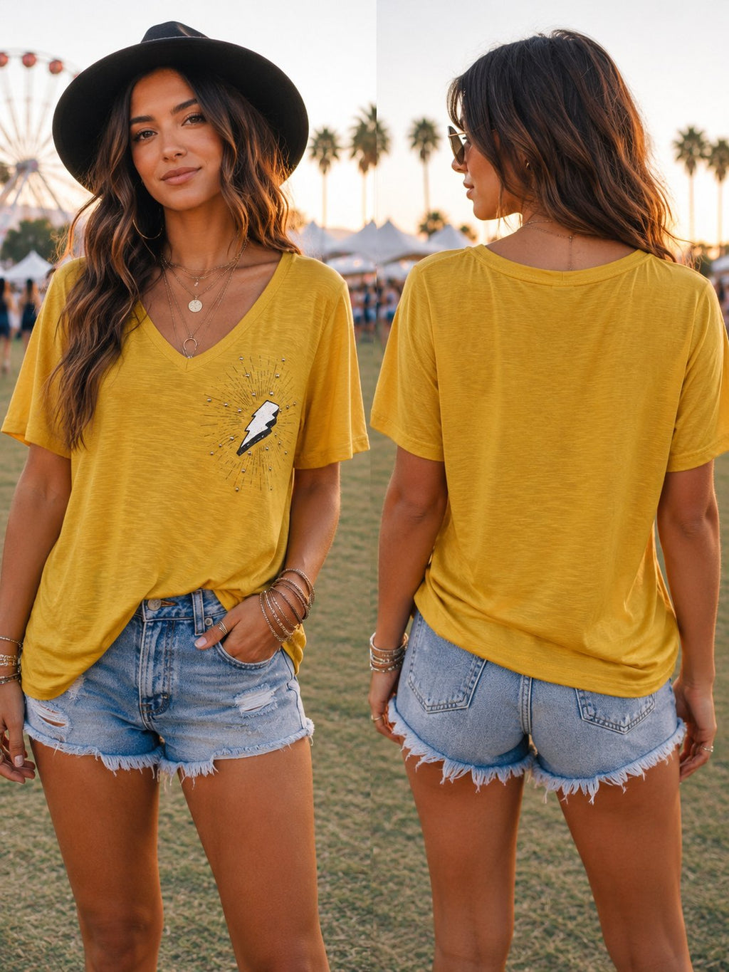 POL Mustard Yellow Lightning Bolt Graphic Tee Studded V-Neck Top Medium