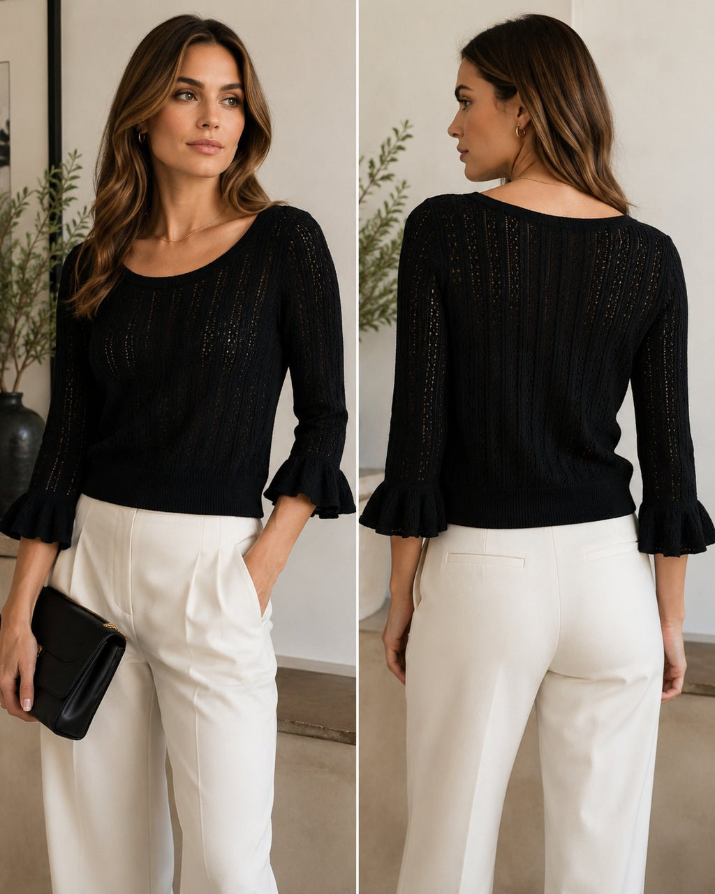 PAIGE Black Pointelle Knit Sweater | Silk Blend Ruffle Sleeve Women's Small