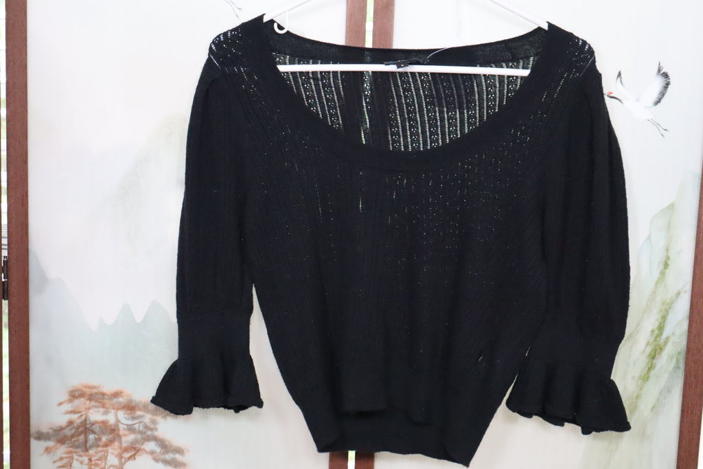PAIGE Black Pointelle Knit Sweater | Silk Blend Ruffle Sleeve Women's Small