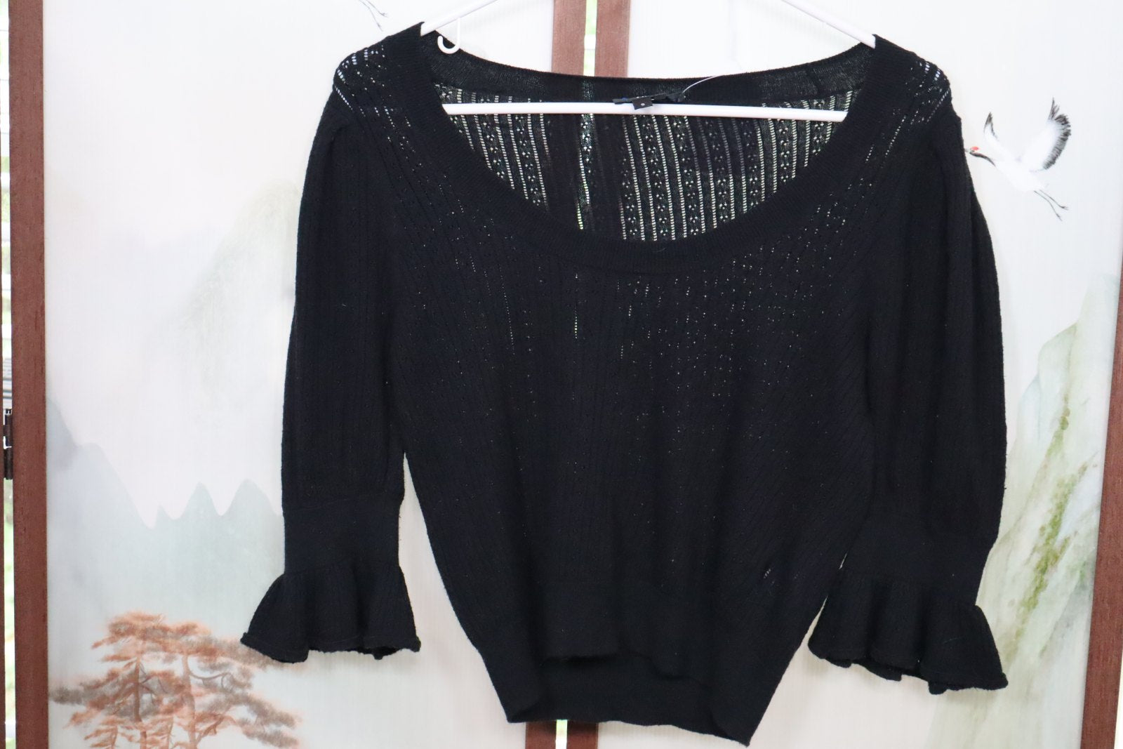 PAIGE Black Pointelle Knit Sweater | Silk Blend Ruffle Sleeve Women's Small