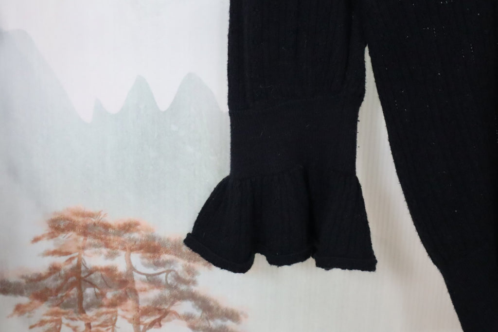 PAIGE Black Pointelle Knit Sweater | Silk Blend Ruffle Sleeve Women's Small